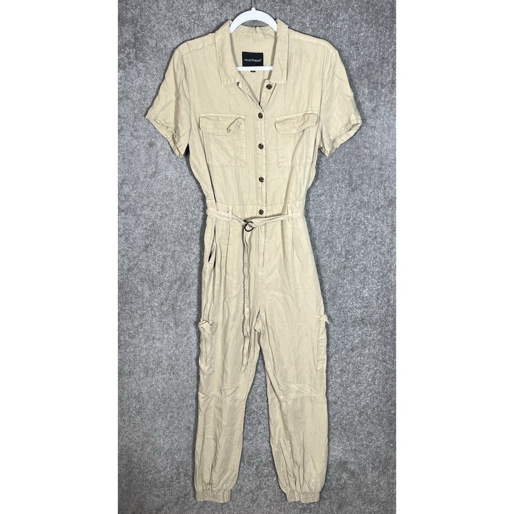 Velvet Heart Cargo Jogger Jumpsuit Womens Size M Tan Short Sleeve Pockets Belted